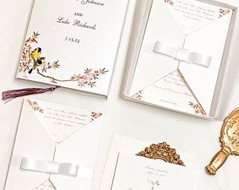 Cherry Blossom Boxed Wedding Invitation, Gatefold with Bow