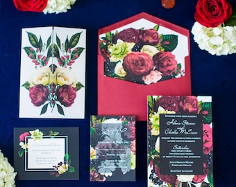 Moody Floral Wedding Invitation Suite Vellum Gothic Design Dark Academia Wedding Customized Printed Wedding Invitation Sets Vellum Gatefold
