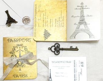 Faire-part de mariage Passeport pour Paris Faire-part de mariage imprimé sur le thème du passeport en France Faire-part de mariée design vintage