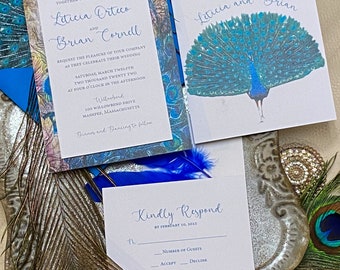 Peacock Wedding Invitation Suite - Double Thick, Raised Design