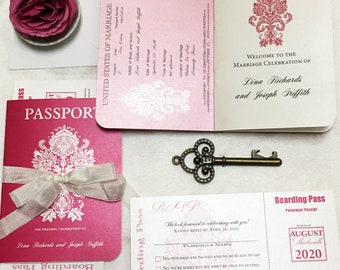 Damask Passport - Pink Passport - Vintage  Wedding Invitation - Destination Wedding - Travel Wedding Invitation