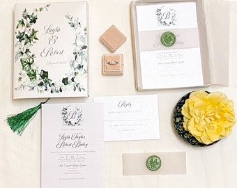 Boxed Wedding Invitation, Ivy Eucalyptus Wreath, Elegant Couture Invite