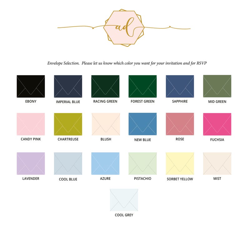 May include: A color chart displaying nineteen rectangular envelopes in various shades including black, blue, green, pink, yellow, and grey. Each envelope is labeled with its color name, such as Ebony, Racing Green, and Mist, below the icon.