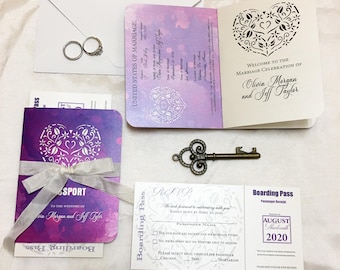Faire-part de mariage aquarelle passeport passeport coeur thème coeur violet faire-part mariage à destination de passeport imprimé