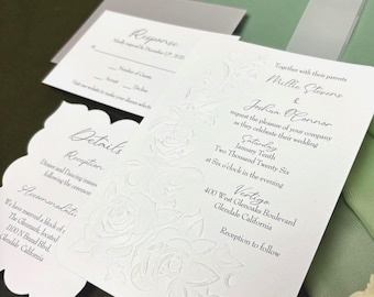 Blind Embossed Floral Wedding Invitation Minimalist White Cardstock Elegant Die Cut Invitation Customizable Printed Wedding Stationery