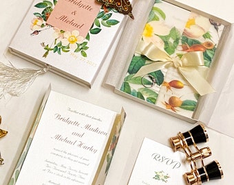 Boxed Wedding Invitation, Vintage Floral, Custom Couture Invite