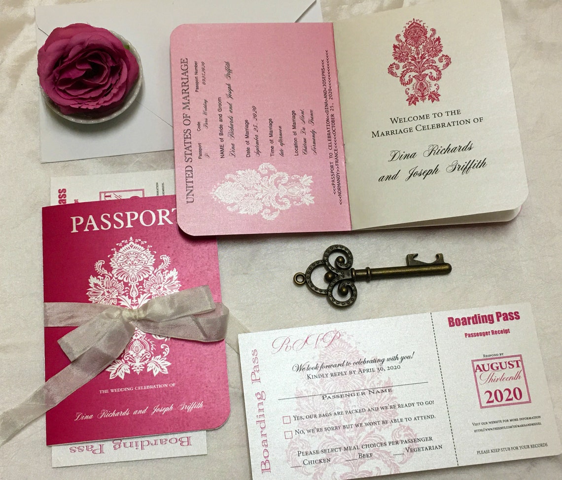 Damask Passport Pink Passport Vintage Wedding Invitation Etsy