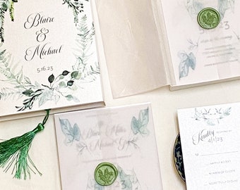 Boxed Wedding Invitation, Ivy Eucalyptus Wreath, Wax Seal, Tassel