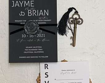 White Ink Wedding Invitation - Modern Black Cardstock with Wax Seal
