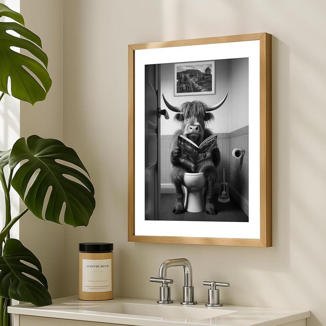 Framed Highland Cow on Toilet Wall Art – Funny Bathroom Print – Quirky ...