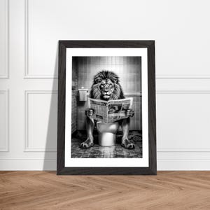 Framed Lion on Toilet Wall Art Print – Funny Quirky Bathroom Decor