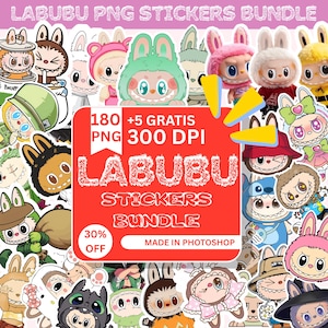 Pakiet naklejek Labubu PNG, Kawaii Furry Clipart, Słodka sztuka kreskówkowa, Pobieranie cyfrowe na Kindle, Laptop, Wydrukowana naklejka wektorowa, Pop Mart