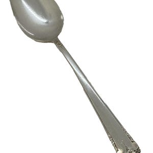 May include: A silver spoon with a rounded bowl and a long, slender handle. The handle features a decorative floral design at the base. The spoon is made of a shiny, reflective metal.