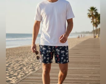 Maillot de bain homme bleu marine à imprimé palmiers, moyen 100 % polyester, poche arrière avec cordon de serrage