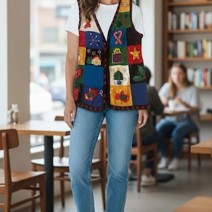 May include: A colorful patchwork vest with Christmas-themed squares, including a Christmas tree, star, and gift. The vest is worn over a white t-shirt and paired with blue jeans and white sneakers. The setting appears to be a cafe.