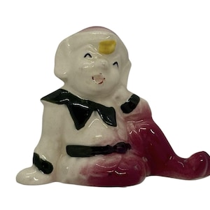 MidCentury McCoy Keramik Älve Sittande Figurin Handmålad Röd Grön JUL