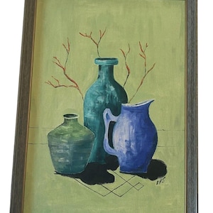 Mid 20th Century Painting Oil On Board Still Life “Three Jugs” Artist Signed