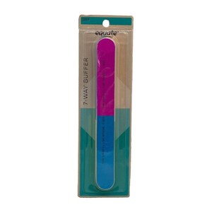May include: A 7-way nail buffer in a clear plastic package. The buffer is rectangular with a blue, pink, and purple colour scheme. The package has the brand name "equate" and the words "7-WAY BUFFER" printed on it.