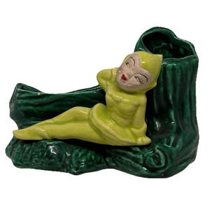 1950’s Gilner CA Pottery Planter Chartreuse Elf Pixie Lounging On Dark Green Log