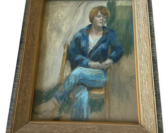 Mid 20th Century Framed Pastel Charcoal Portrait Painting on Board of a “Boy in Blue”