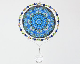 Crystal Suncatcher, Forget Me Not Rainbow Maker With Swarovski Crystal Prism Pendulum, Flower Sun Catcher Mandala Art