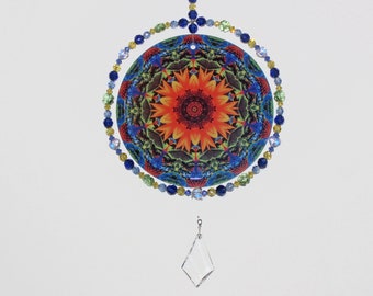 Sunflower Mandala On A Crystal Suncatcher, Original Art, Prolific Rainbow Maker and Sun Catcher With Swarovski Crystal