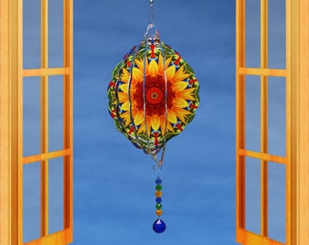 Sunflower Wind Spinner for Balcony, Garden & Patio Art Decor Embelished With My Original Mandala Art, A Lovely Gift For Mom