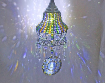 Crystal Chandelier Lamp & Suncatcher, Rainbow Maker with Swarovski Crystal Prisms, Forget Me Not Crystal Decor One Of A Kind