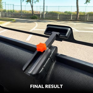 May include: A black plastic car window vent clip featuring an adjustable arm and a bright orange star-shaped knob for tightening. The device is mounted onto the top edge of a vehicle door frame, with the text FINAL RESULT printed at the bottom.