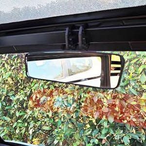 以下が含まれることがあります： 車両のフロントガラスとバックミラーのインテリアビュー。ミラーは、緑と赤の葉の背景で、外の景色を反射しています。フロントガラスとミラーのフレームは黒です。