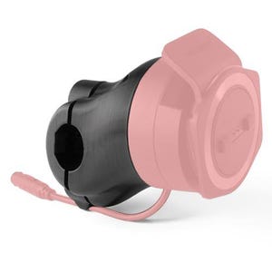 May include: A black and pink mechanical device with a circular opening and a pink handle. The device has a rounded shape with a pink circular component on one end. The handle is connected to the device with a pink wire.