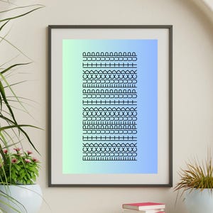 May include: Framed art print with a blue and green gradient background. The artwork showcases black geometric patterns, such as semi-circles, triangles, and lines. The print is displayed on a wooden shelf with plants.