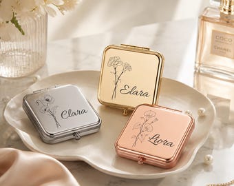 Personalized Compact Mirror with Floral Engraving, Custom Name Pocket Mirror, Bridesmaid Gift, Makeup Mirror, Travel Beauty Gift for Her