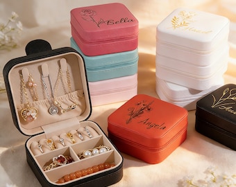Boîte à bijoux de voyage personnalisée, petit organisateur de boucles d'oreilles carré, boîte-cadeau de demoiselle d'honneur pour soeur, amie