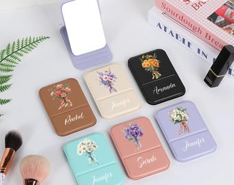 Personalized small mirror, customized gift for women, birthday flower small mirror, bridesmaid proposal gift and friend birthday gift
