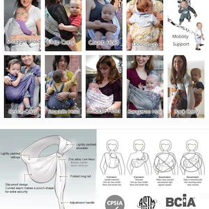 May include: Image showcasing various baby carrier holds, including Snuggle, Hip, Couch, and Back Carry. A diagram details carrier features like lightly padded shoulders and railings. Also included are safety guidelines and certifications.