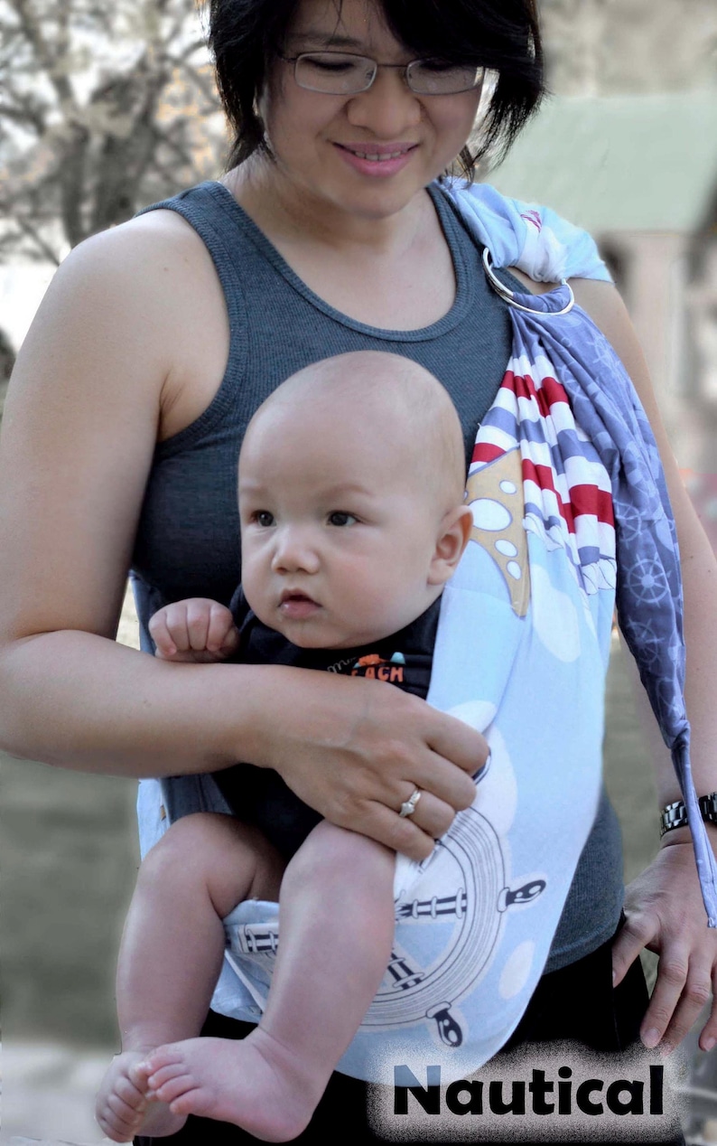 Ring Sling Baby Carrier, 100% Cotton, CPSIA compliant ,Close Tail, Lite-on-Shoulder™ by RosyBaby© , Ergonomic, Adjustable Nautical