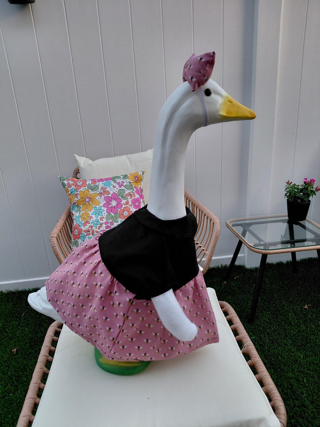 Summer Porch Goose Dress With Wings and Hair Bow Pink Black With Bees ...