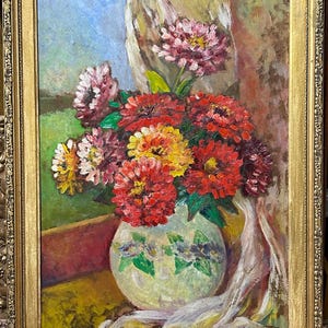 Antique Still Life Bouquet, Bright Colors, Oil Painting on Canvas, Framed Signed