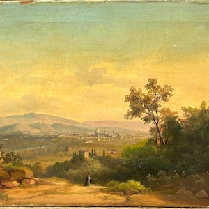 Hermosa vista de paisaje Pintura al óleo antigua original, vista de la ciudad, hecha a mano