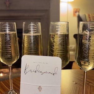 Personalised Etched Bridal party Champagne Flutes