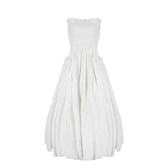 White Cotton Strapless Smocked Maxi Dress XS/S
