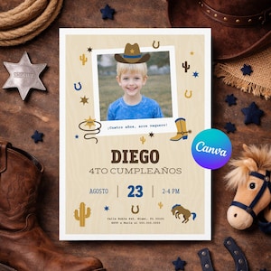 Cowboy 4th Birthday Invitation Spanish | Invitación Cumpleaños Vaquero | Canva Template