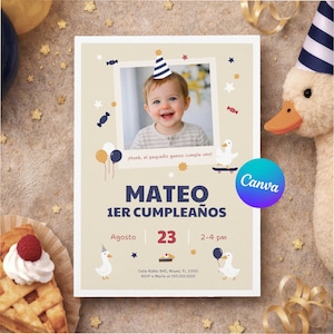 Silly Goose 1st Birthday Invitation Spanish Boy | Ganso Payaso Fiesta | Canva Template