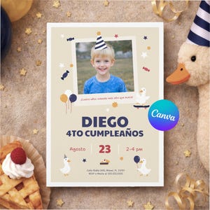 Silly Goose 4th Birthday Invitation Spanish Boy | Ganso Payaso Fiesta | Canva Template