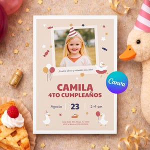 Silly Goose 4th Birthday Invitation Spanish Girl | Ganso Payaso Fiesta | Canva Template