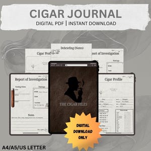 May include: A digital cigar journal with a brown leather-textured cover featuring a silhouette of a man smoking a cigar. The journal includes pages for tasting notes, pairings, and cigar profiles. The text "CIGAR JOURNAL" is at the top.
