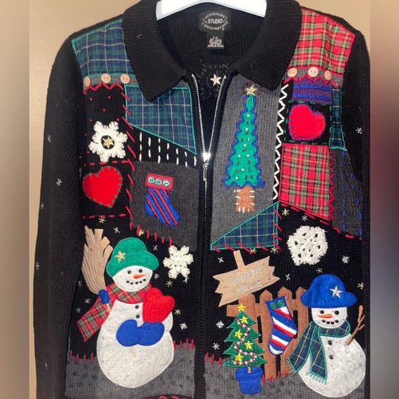 Designers Studio Originals Vintage Holiday Patchwork Knit Zip Sweater Sz P/P View 2