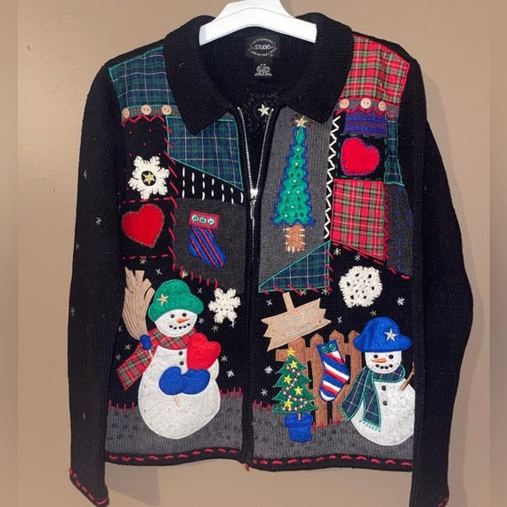 Designers Studio Originals Vintage Holiday Patchwork Knit Zip Sweater Sz P/P
