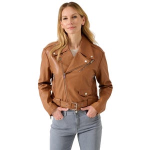 Handmade Cognac Lambskin Leather Biker Jacket: Cropped Moto Coat